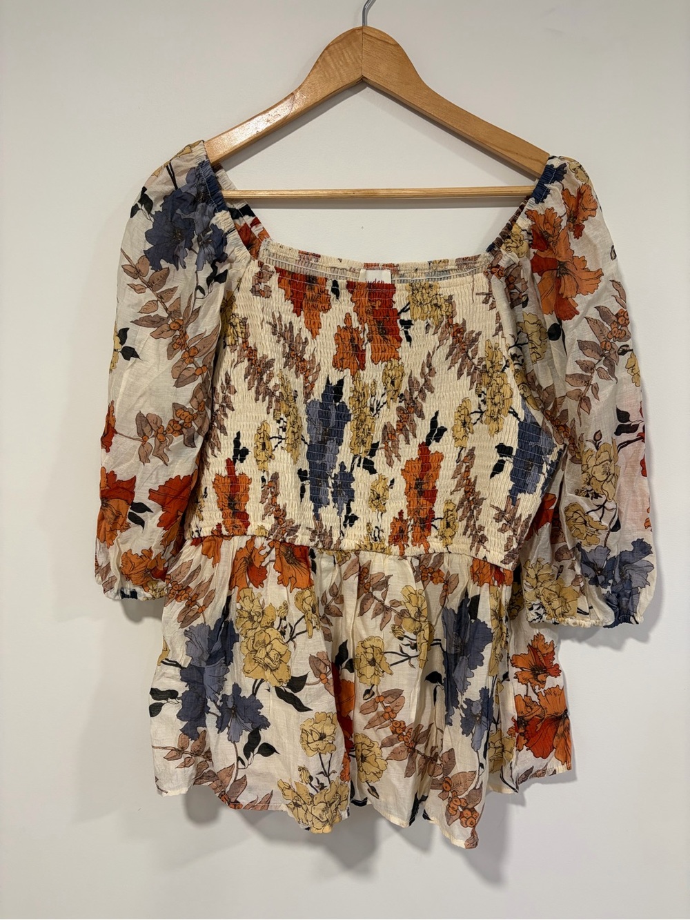 Hayden Cream Floral Smocked Peasant Top with Puff Sleeves